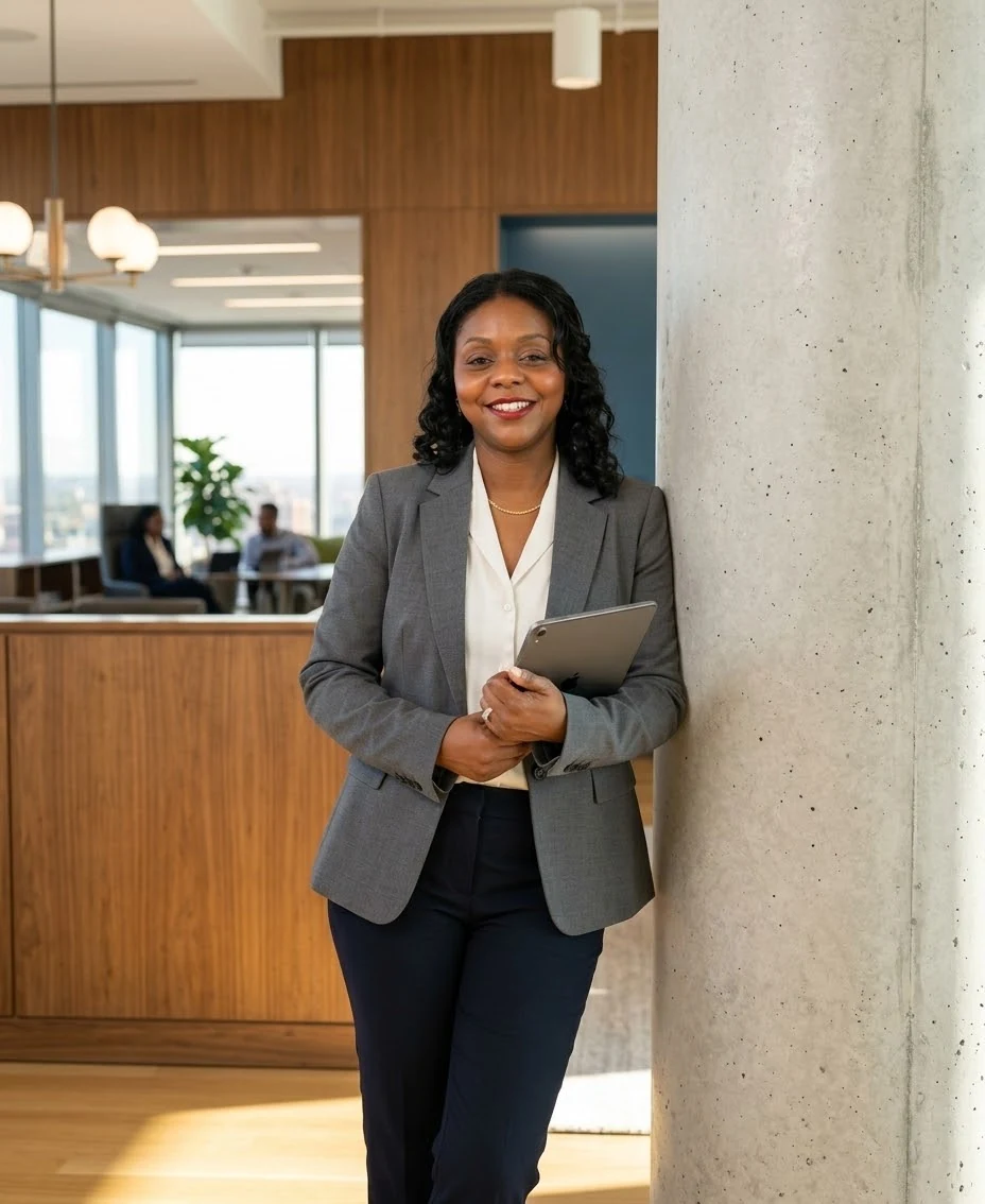 Renée Alexis standing in modern executive suite with tablet